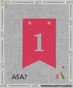 A taped needlepoint canvas with the design: Banner 13 mesh count Forked 1 White on Red.