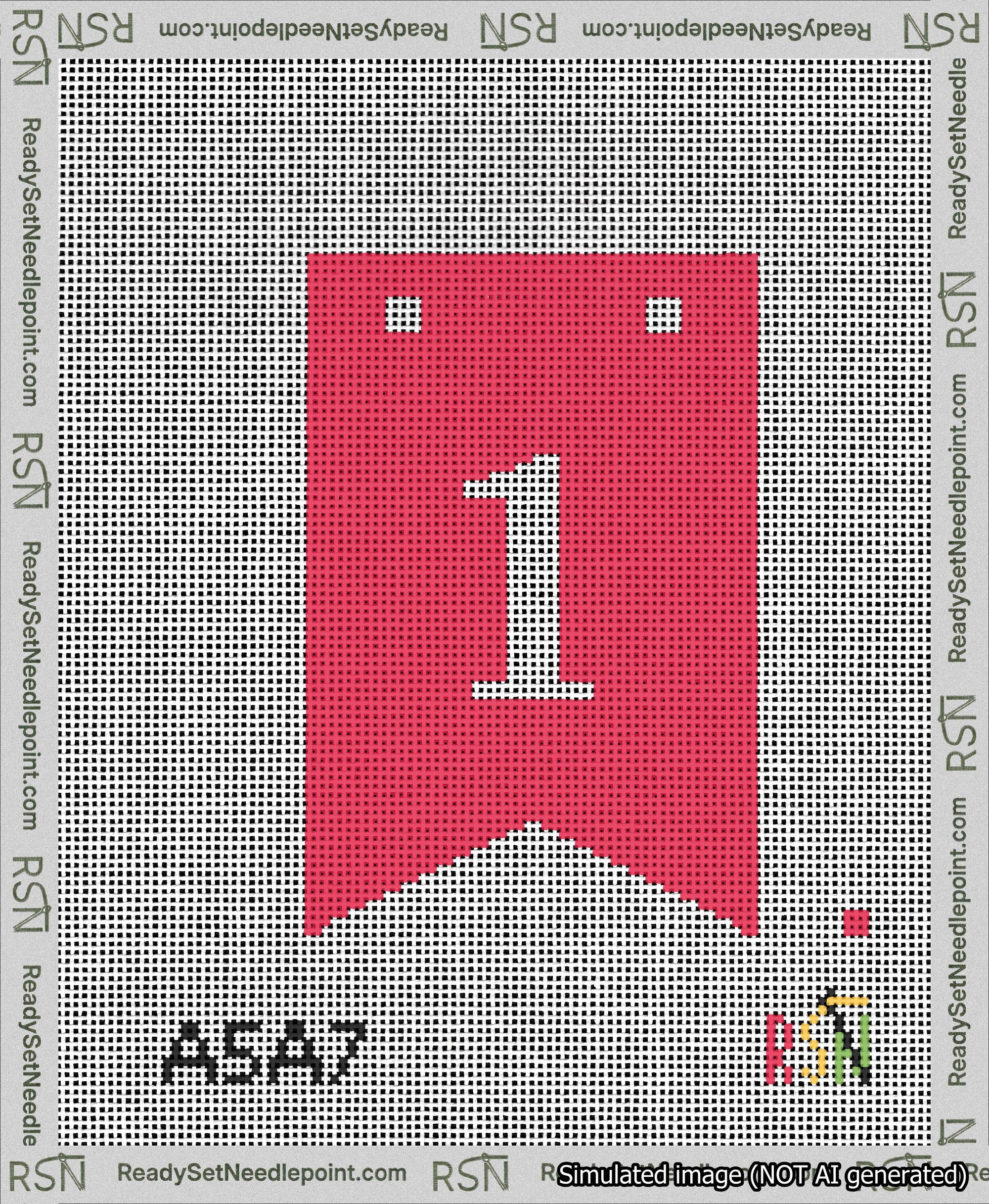 A taped needlepoint canvas with the design: Banner 13 mesh count Forked 1 White on Red.