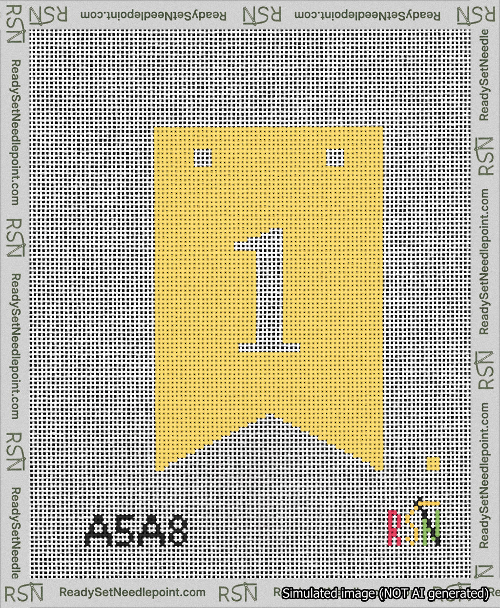 A taped needlepoint canvas with the design: Banner 13 mesh count Forked 1 White on Yellow.