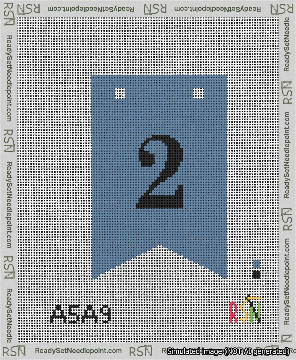 A taped needlepoint canvas with the design: Banner 13 mesh count Forked 2 Black on Blue.