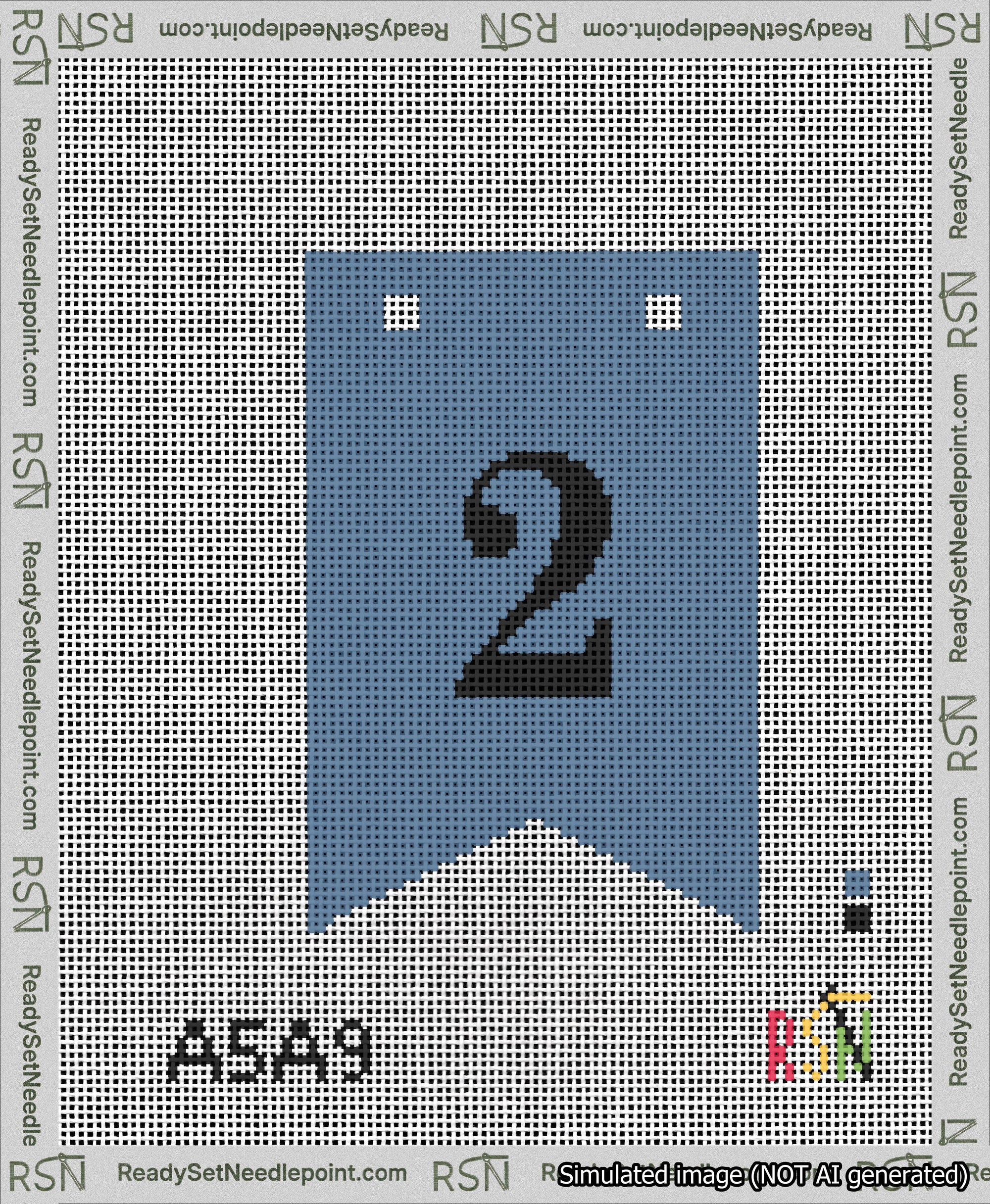 A taped needlepoint canvas with the design: Banner 13 mesh count Forked 2 Black on Blue.
