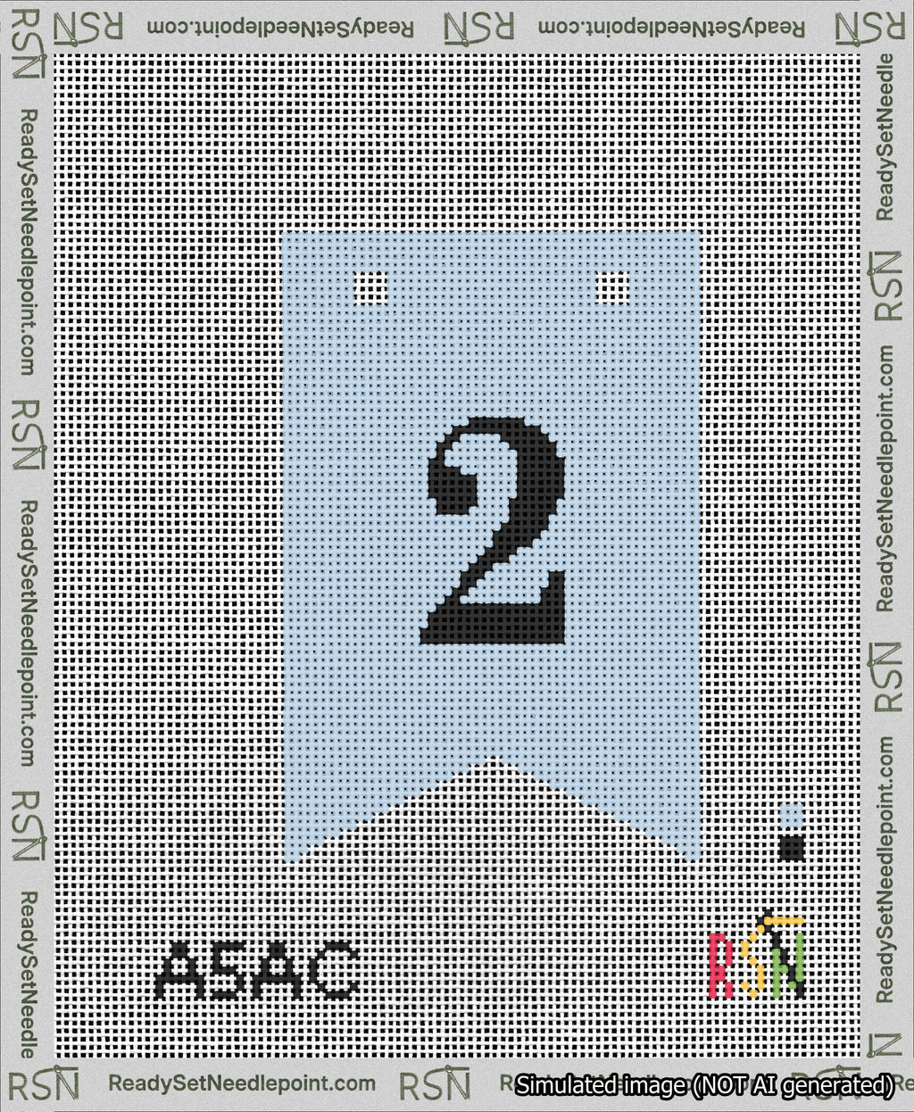 A taped needlepoint canvas with the design: Banner 13 mesh count Forked 2 Black on Light Blue.