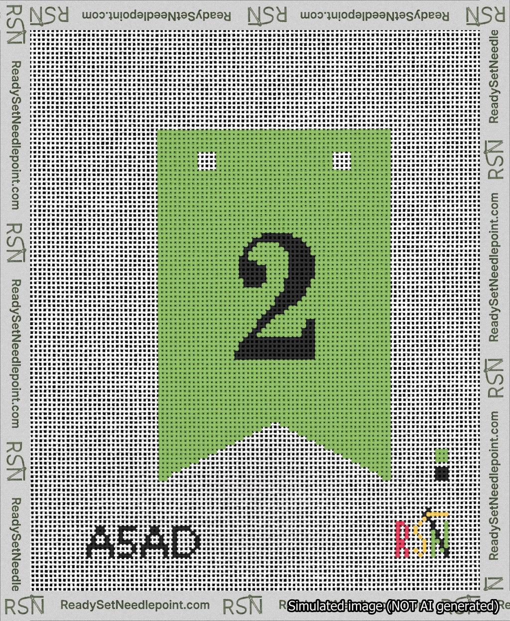 A taped needlepoint canvas with the design: Banner 13 mesh count Forked 2 Black on Light Green.
