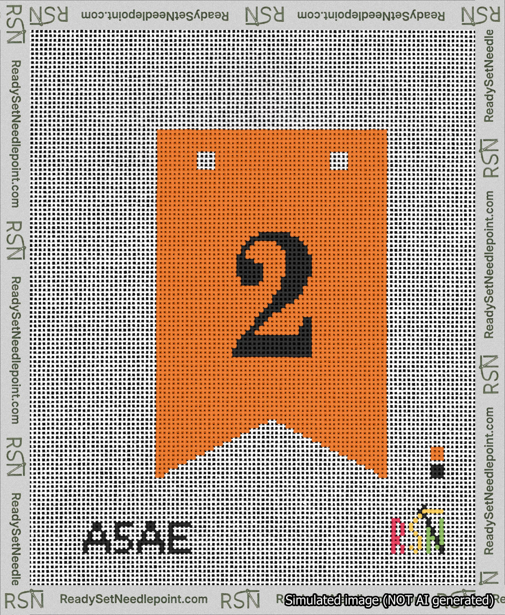 A taped needlepoint canvas with the design: Banner 13 mesh count Forked 2 Black on Orange.