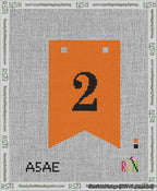 A taped needlepoint canvas with the design: Banner 13 mesh count Forked 2 Black on Orange.