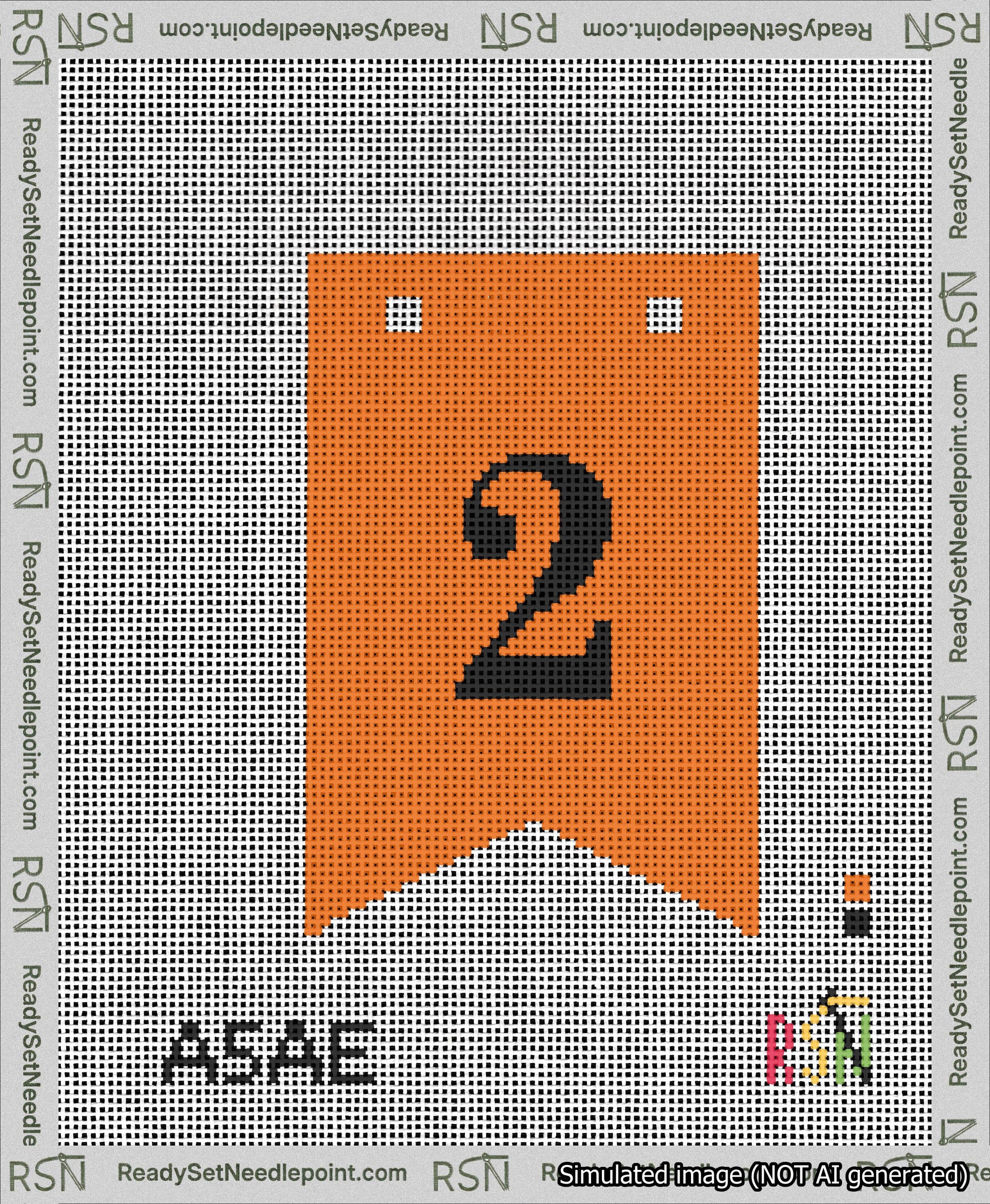 A taped needlepoint canvas with the design: Banner 13 mesh count Forked 2 Black on Orange.