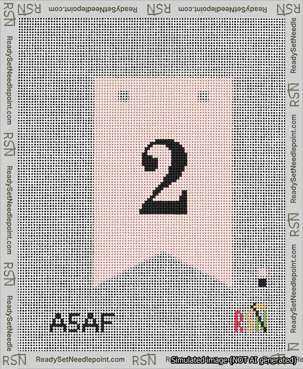 A taped needlepoint canvas with the design: Banner 13 mesh count Forked 2 Black on Pink.