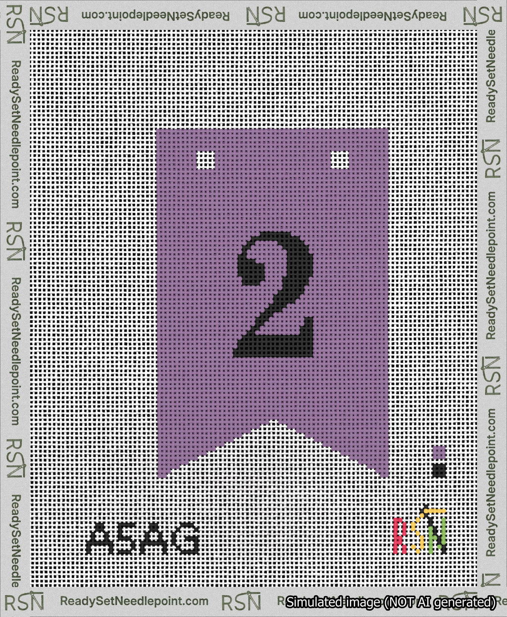A taped needlepoint canvas with the design: Banner 13 mesh count Forked 2 Black on Purple.