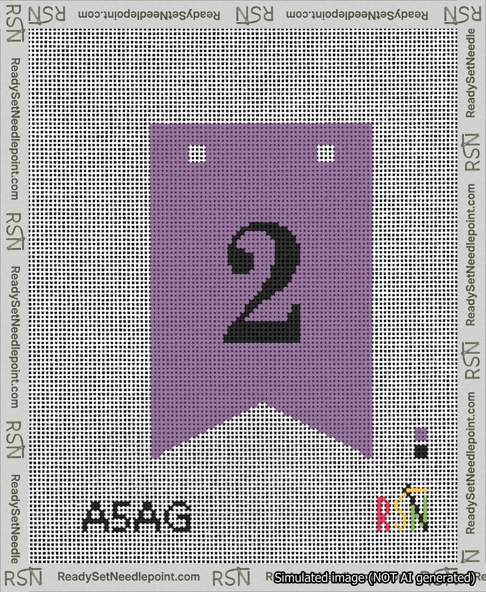 A taped needlepoint canvas with the design: Banner 13 mesh count Forked 2 Black on Purple.