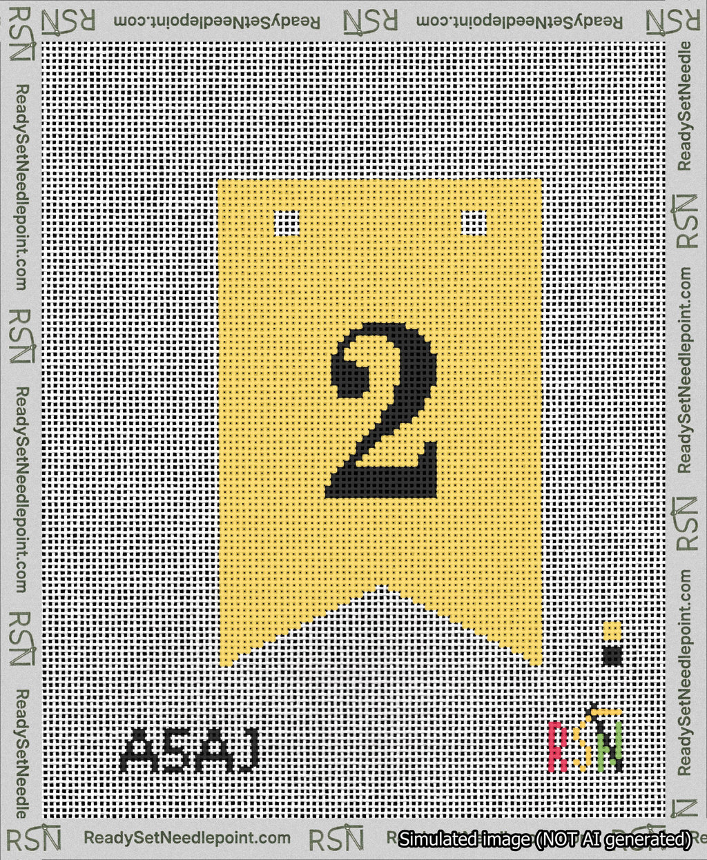 A taped needlepoint canvas with the design: Banner 13 mesh count Forked 2 Black on Yellow.
