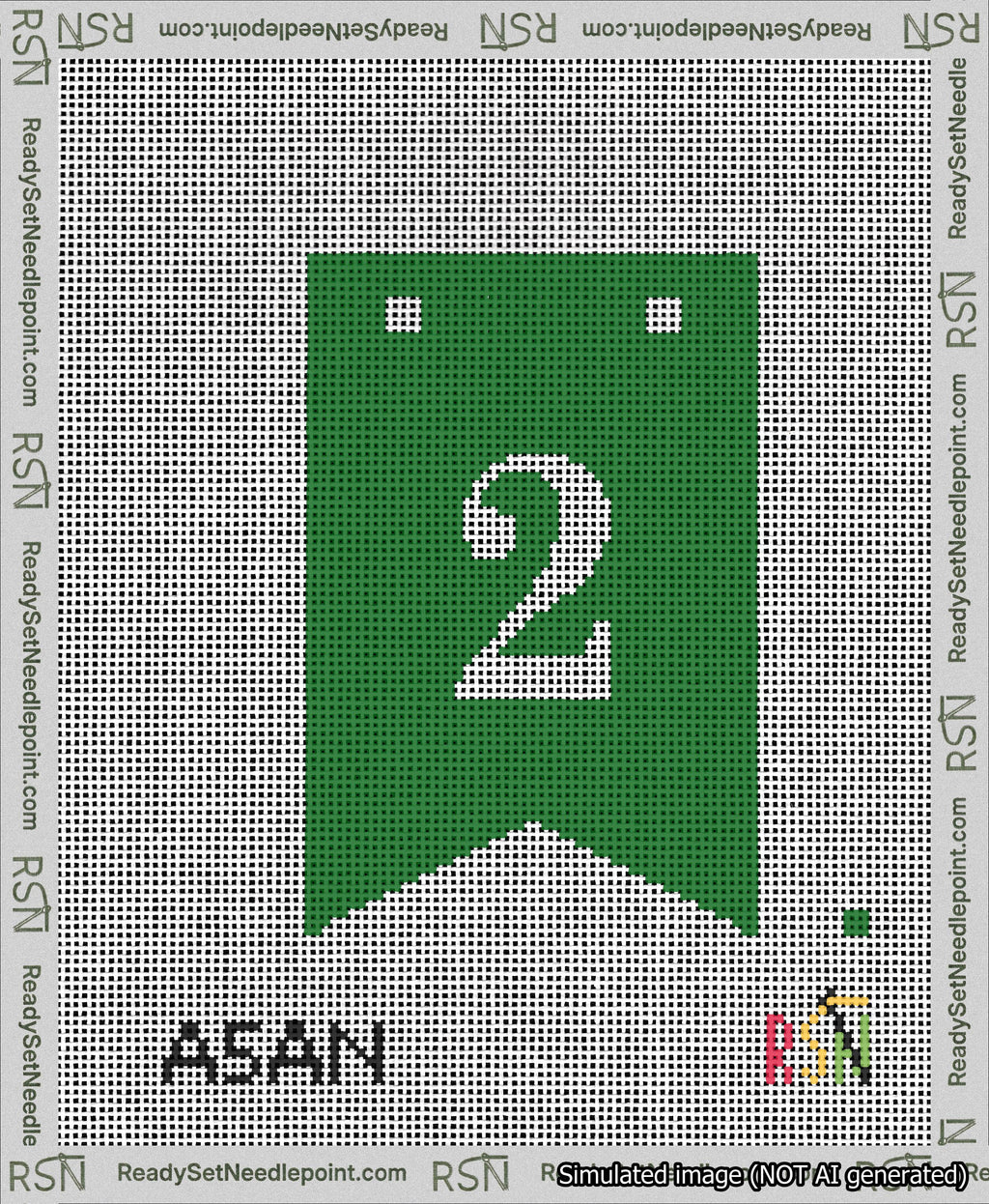 A taped needlepoint canvas with the design: Banner 13 mesh count Forked 2 White on Green.