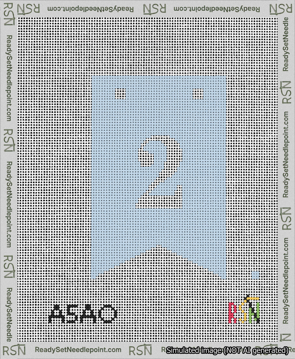 A taped needlepoint canvas with the design: Banner 13 mesh count Forked 2 White on Light Blue.