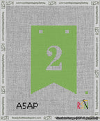 A taped needlepoint canvas with the design: Banner 13 mesh count Forked 2 White on Light Green.