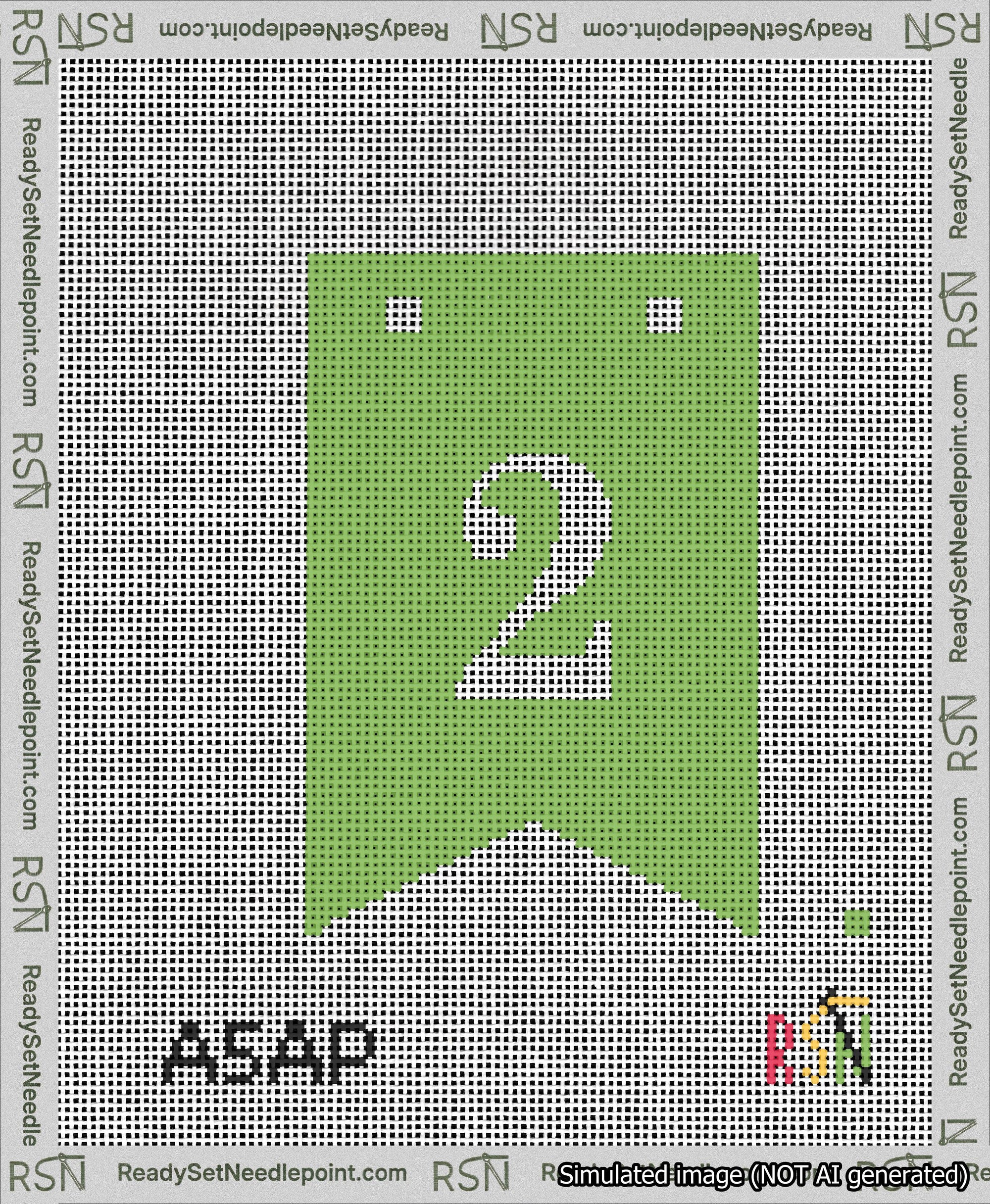 A taped needlepoint canvas with the design: Banner 13 mesh count Forked 2 White on Light Green.