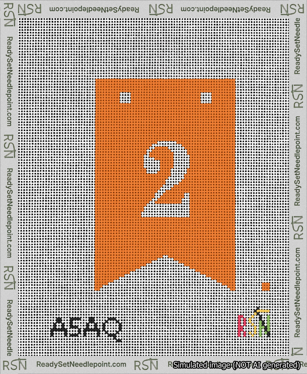 A taped needlepoint canvas with the design: Banner 13 mesh count Forked 2 White on Orange.