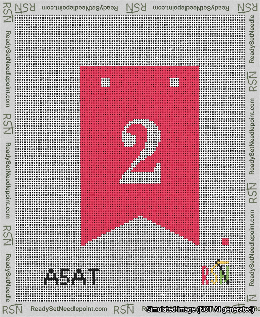 A taped needlepoint canvas with the design: Banner 13 mesh count Forked 2 White on Red.