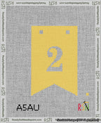A taped needlepoint canvas with the design: Banner 13 mesh count Forked 2 White on Yellow.