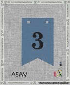 A taped needlepoint canvas with the design: Banner 13 mesh count Forked 3 Black on Blue.