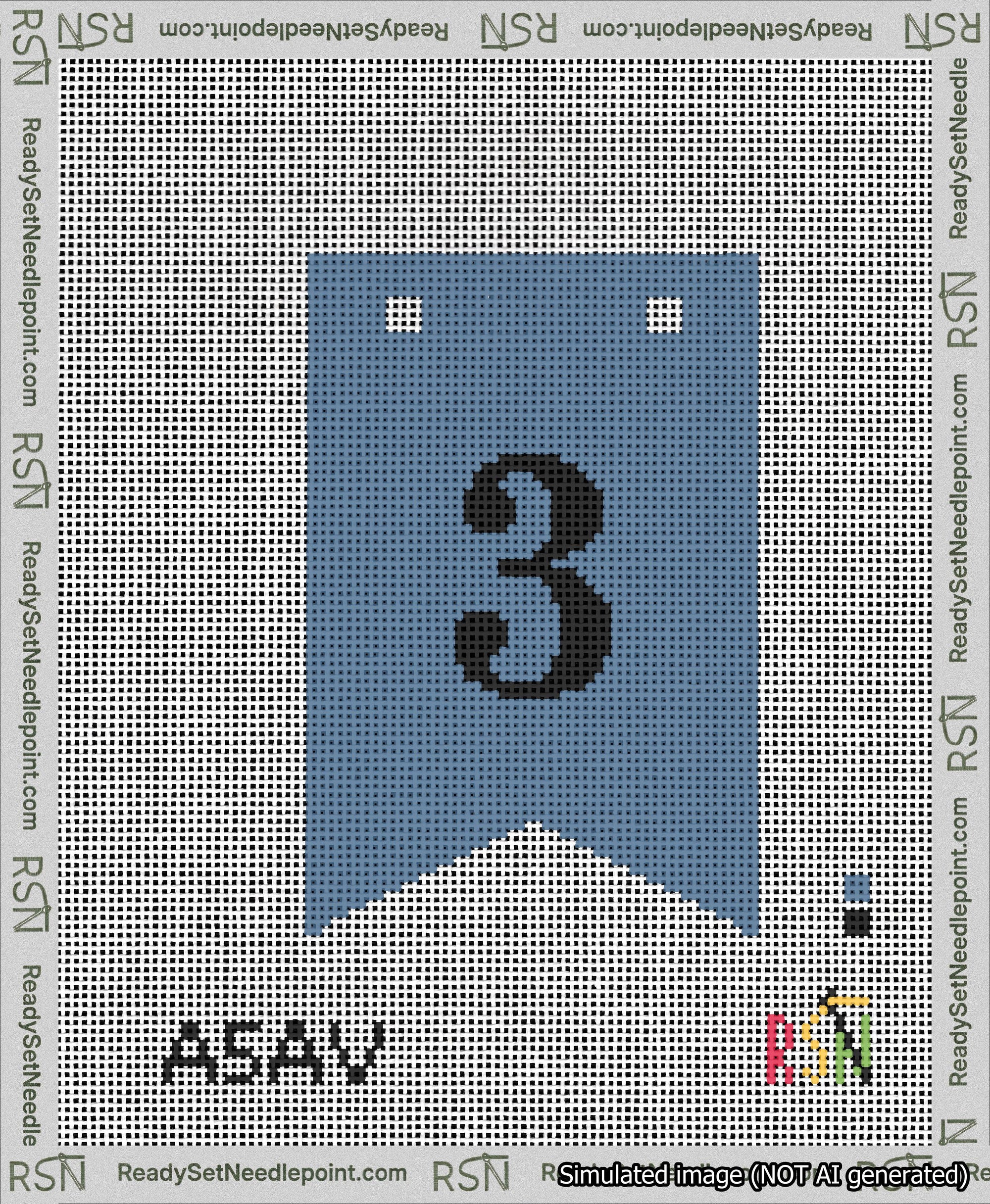 A taped needlepoint canvas with the design: Banner 13 mesh count Forked 3 Black on Blue.