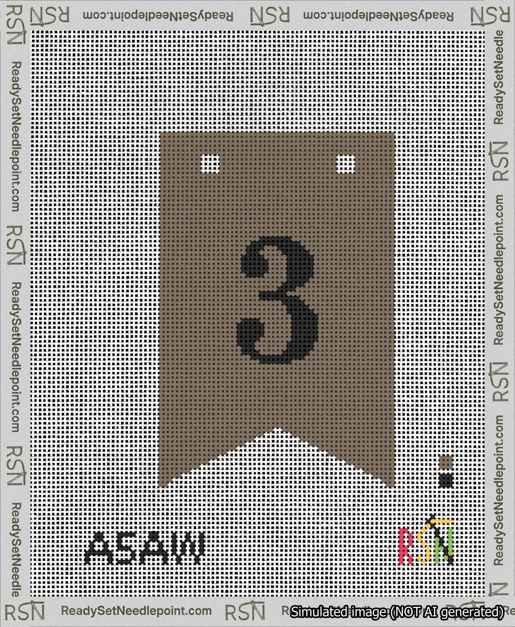 A taped needlepoint canvas with the design: Banner 13 mesh count Forked 3 Black on Brown.