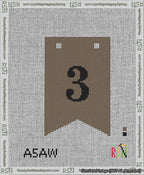 A taped needlepoint canvas with the design: Banner 13 mesh count Forked 3 Black on Brown.
