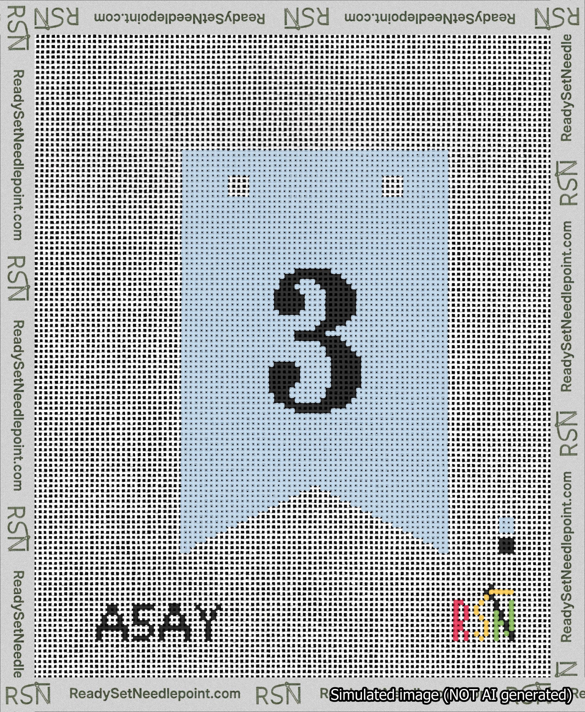 A taped needlepoint canvas with the design: Banner 13 mesh count Forked 3 Black on Light Blue.