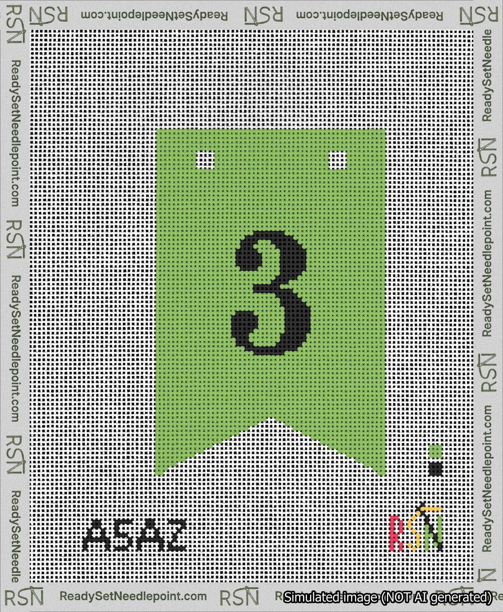 A taped needlepoint canvas with the design: Banner 13 mesh count Forked 3 Black on Light Green.