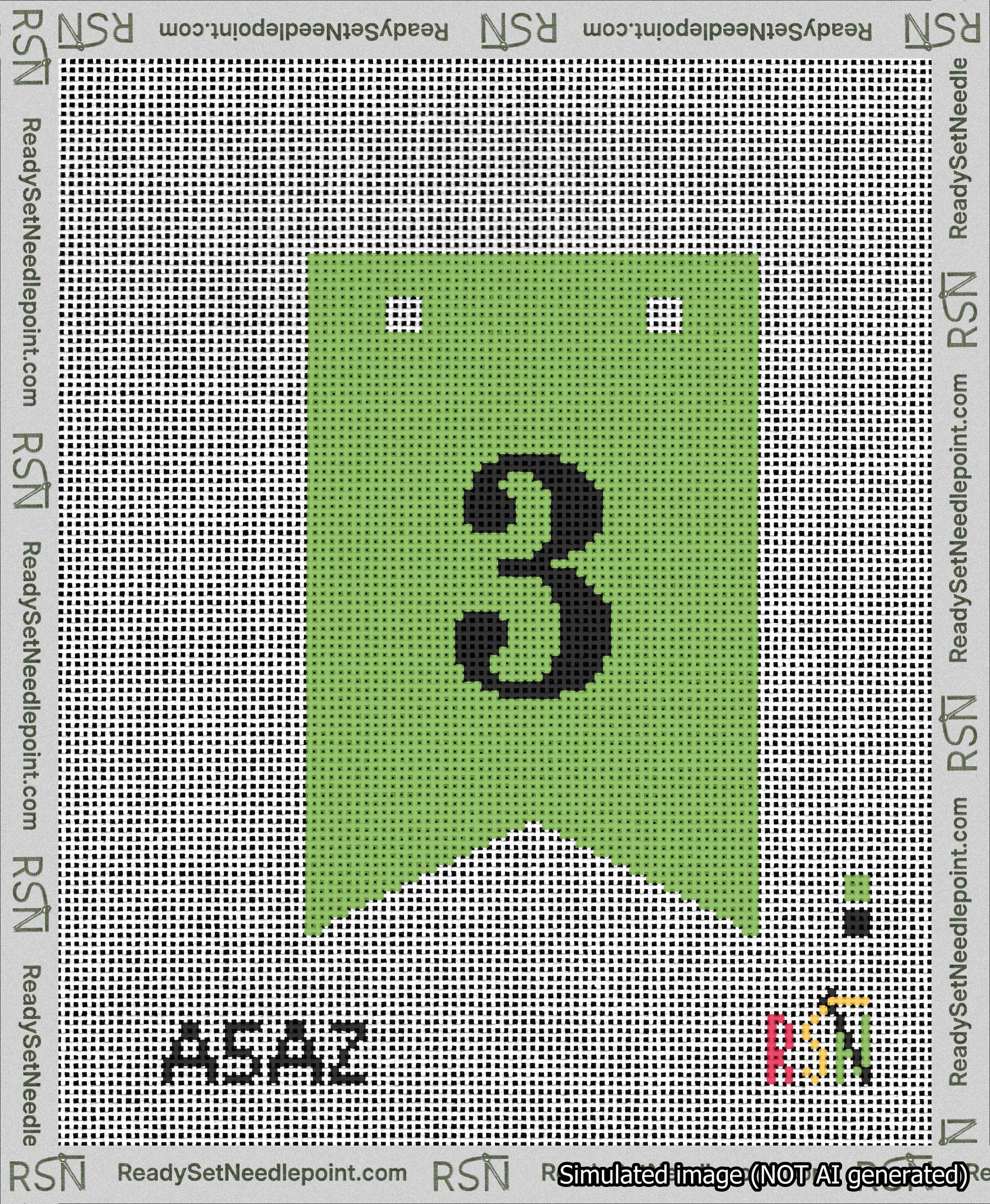 A taped needlepoint canvas with the design: Banner 13 mesh count Forked 3 Black on Light Green.