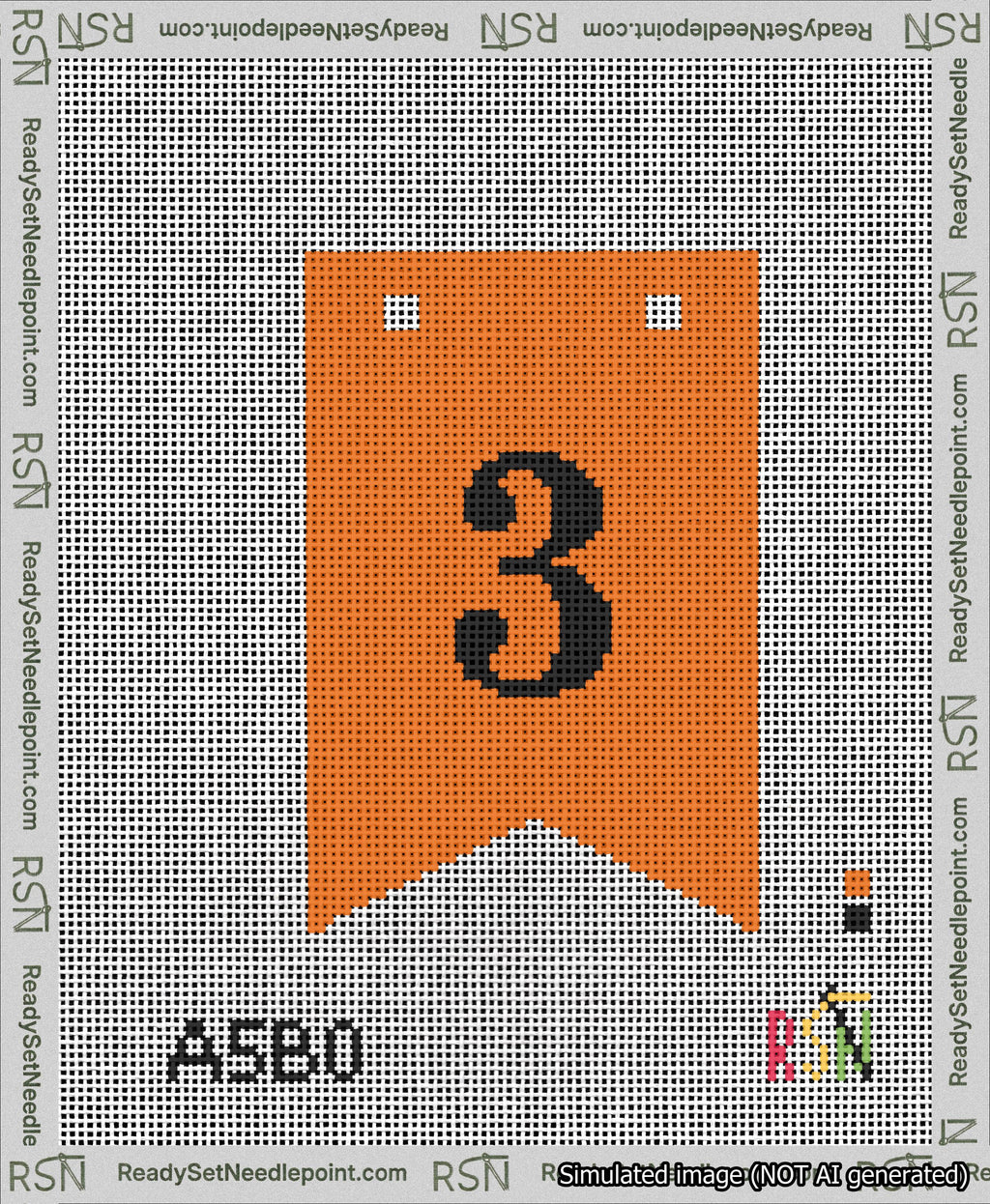 A taped needlepoint canvas with the design: Banner 13 mesh count Forked 3 Black on Orange.