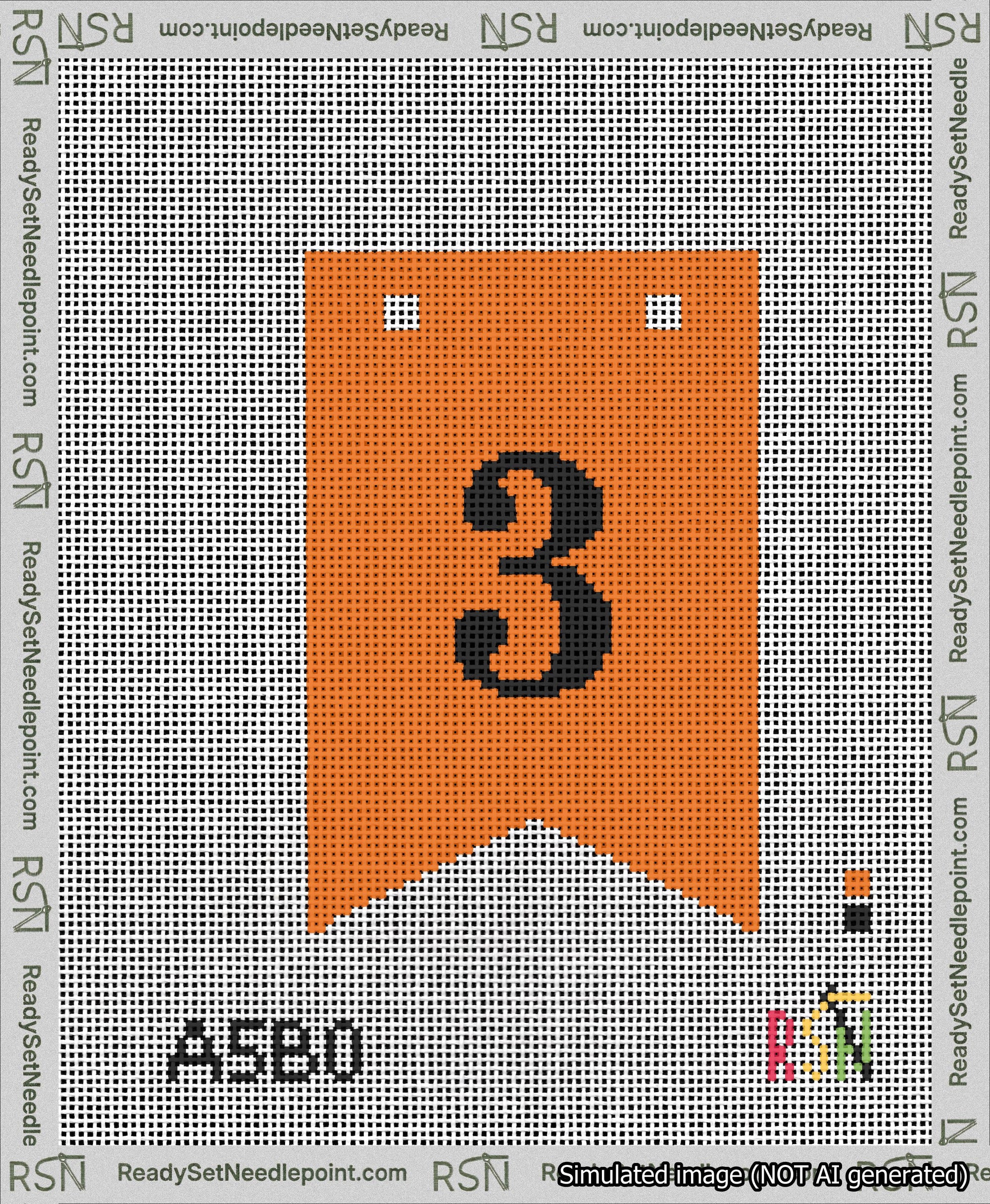 A taped needlepoint canvas with the design: Banner 13 mesh count Forked 3 Black on Orange.