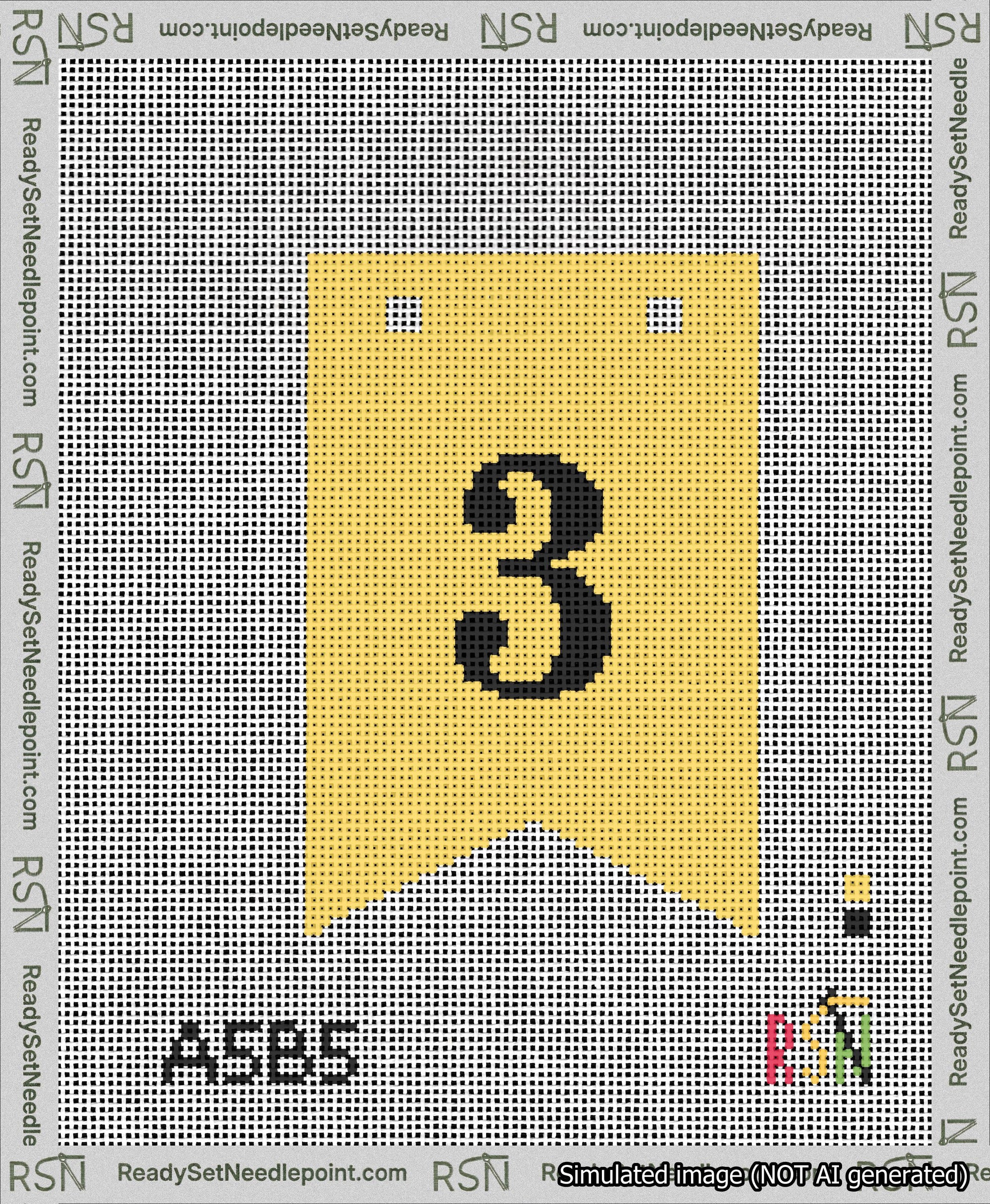 A taped needlepoint canvas with the design: Banner 13 mesh count Forked 3 Black on Yellow.