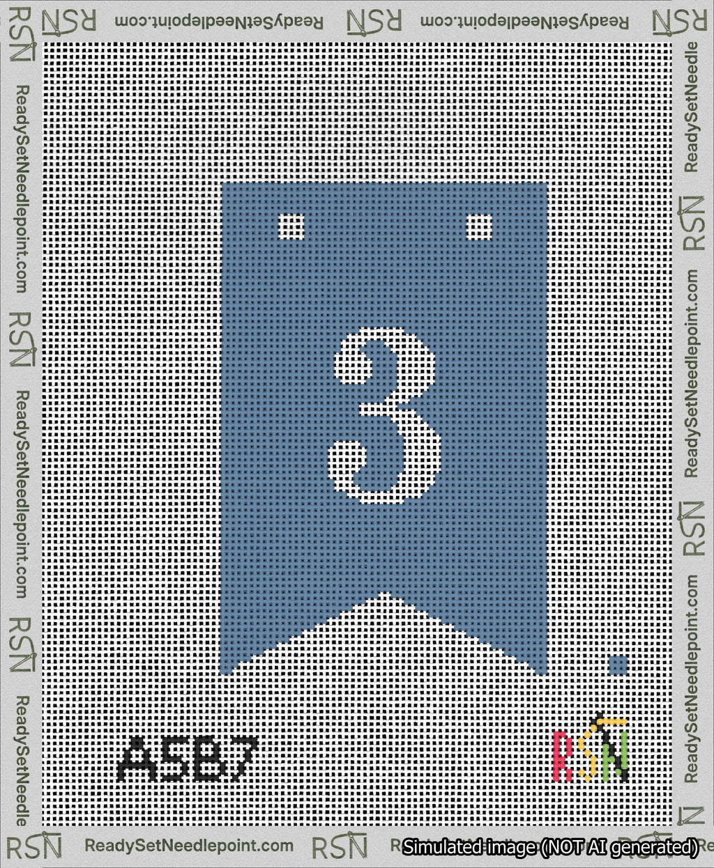 A taped needlepoint canvas with the design: Banner 13 mesh count Forked 3 White on Blue.