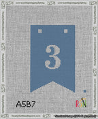 A taped needlepoint canvas with the design: Banner 13 mesh count Forked 3 White on Blue.