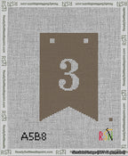 A taped needlepoint canvas with the design: Banner 13 mesh count Forked 3 White on Brown.