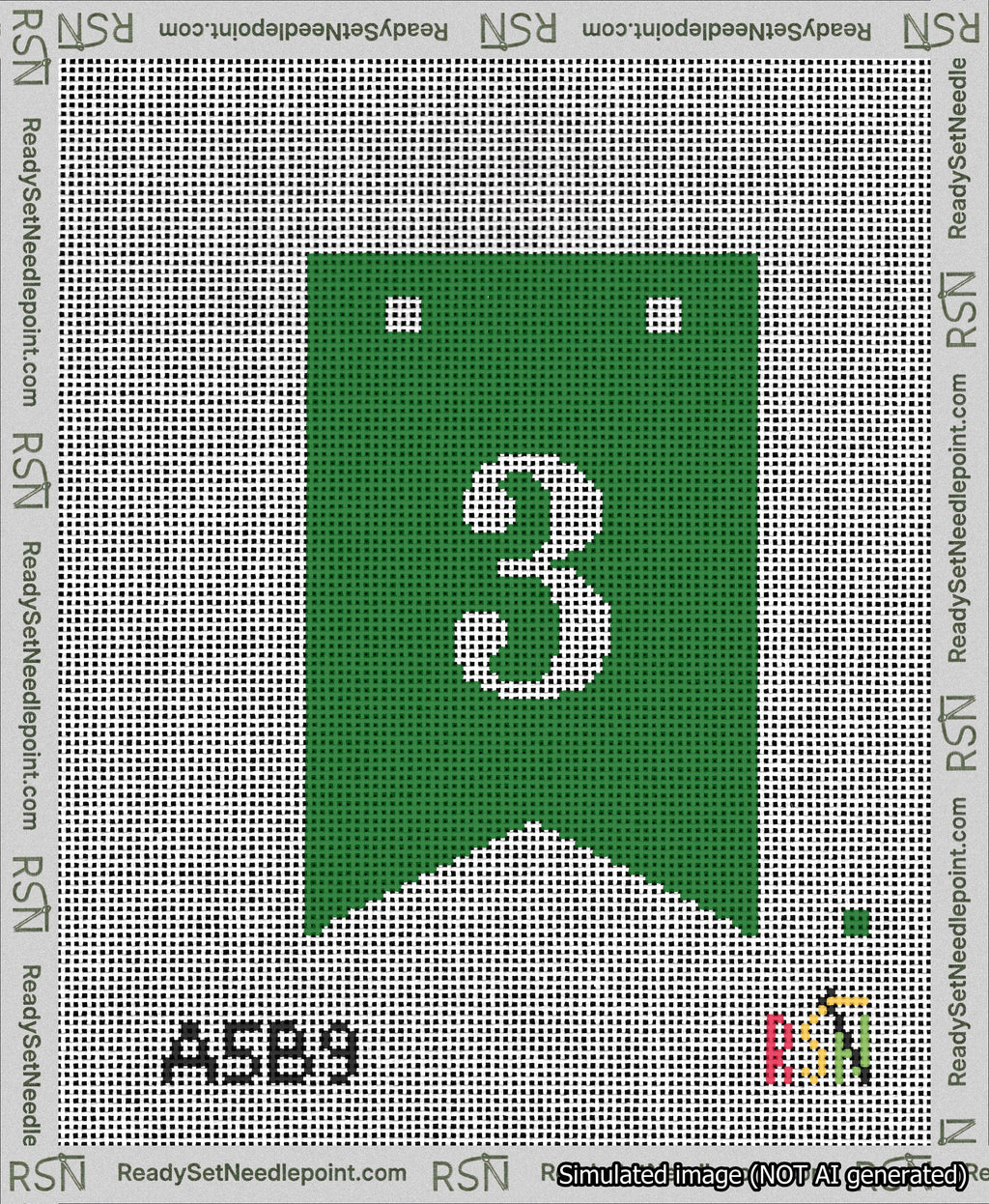 A taped needlepoint canvas with the design: Banner 13 mesh count Forked 3 White on Green.