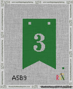 A taped needlepoint canvas with the design: Banner 13 mesh count Forked 3 White on Green.