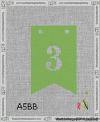 A taped needlepoint canvas with the design: Banner 13 mesh count Forked 3 White on Light Green.