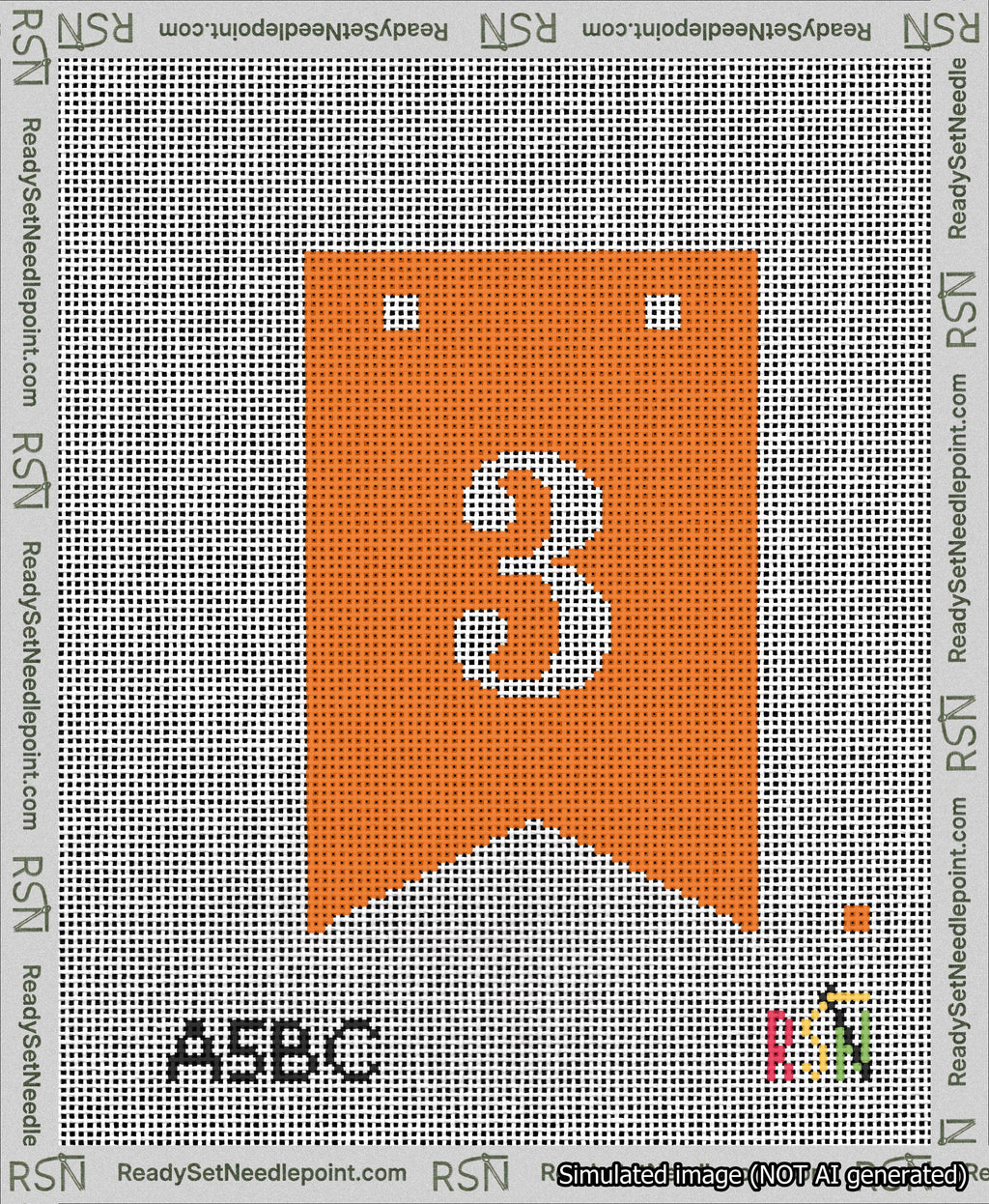 A taped needlepoint canvas with the design: Banner 13 mesh count Forked 3 White on Orange.