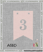 A taped needlepoint canvas with the design: Banner 13 mesh count Forked 3 White on Pink.