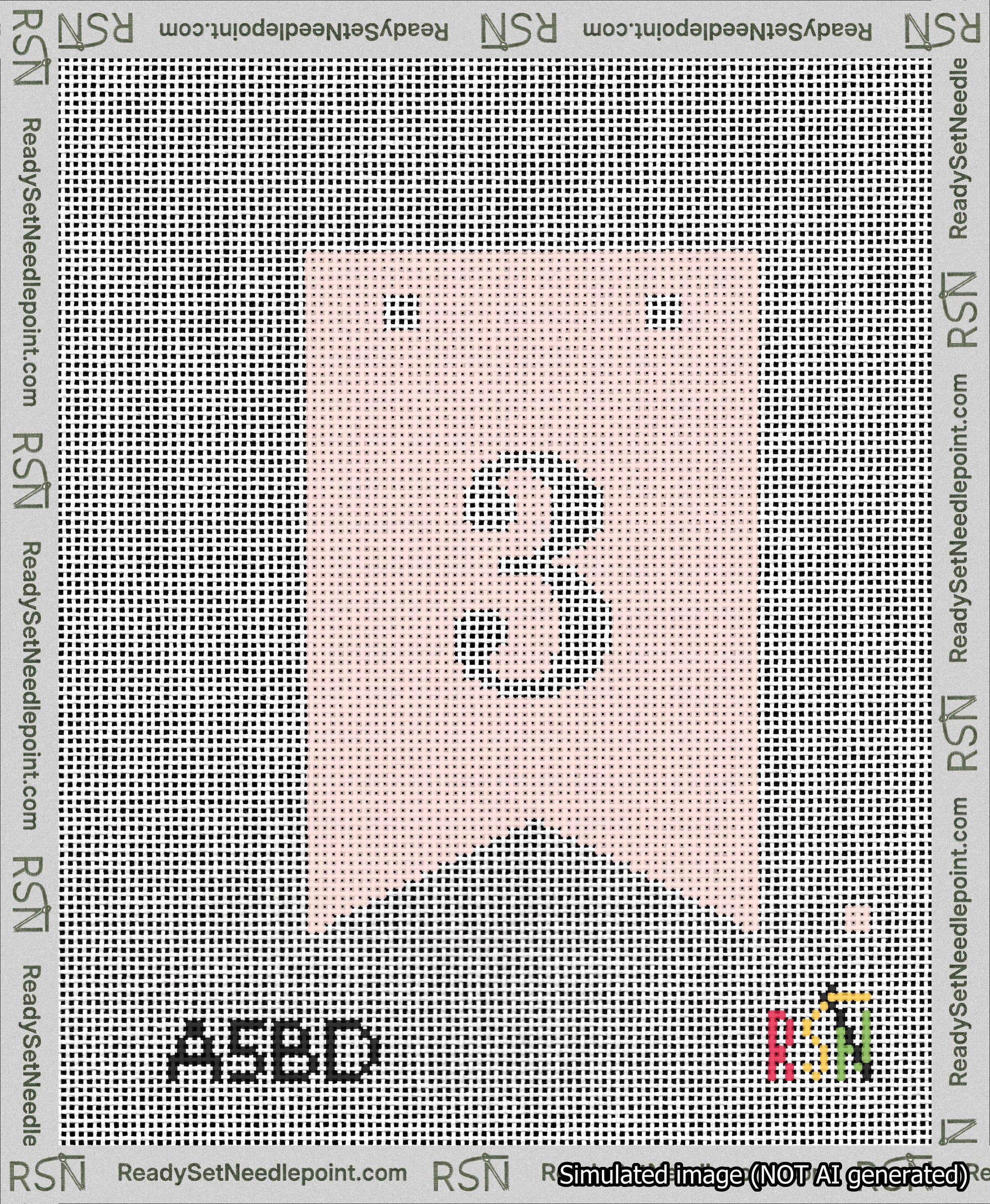 A taped needlepoint canvas with the design: Banner 13 mesh count Forked 3 White on Pink.