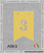 A taped needlepoint canvas with the design: Banner 13 mesh count Forked 3 White on Yellow.