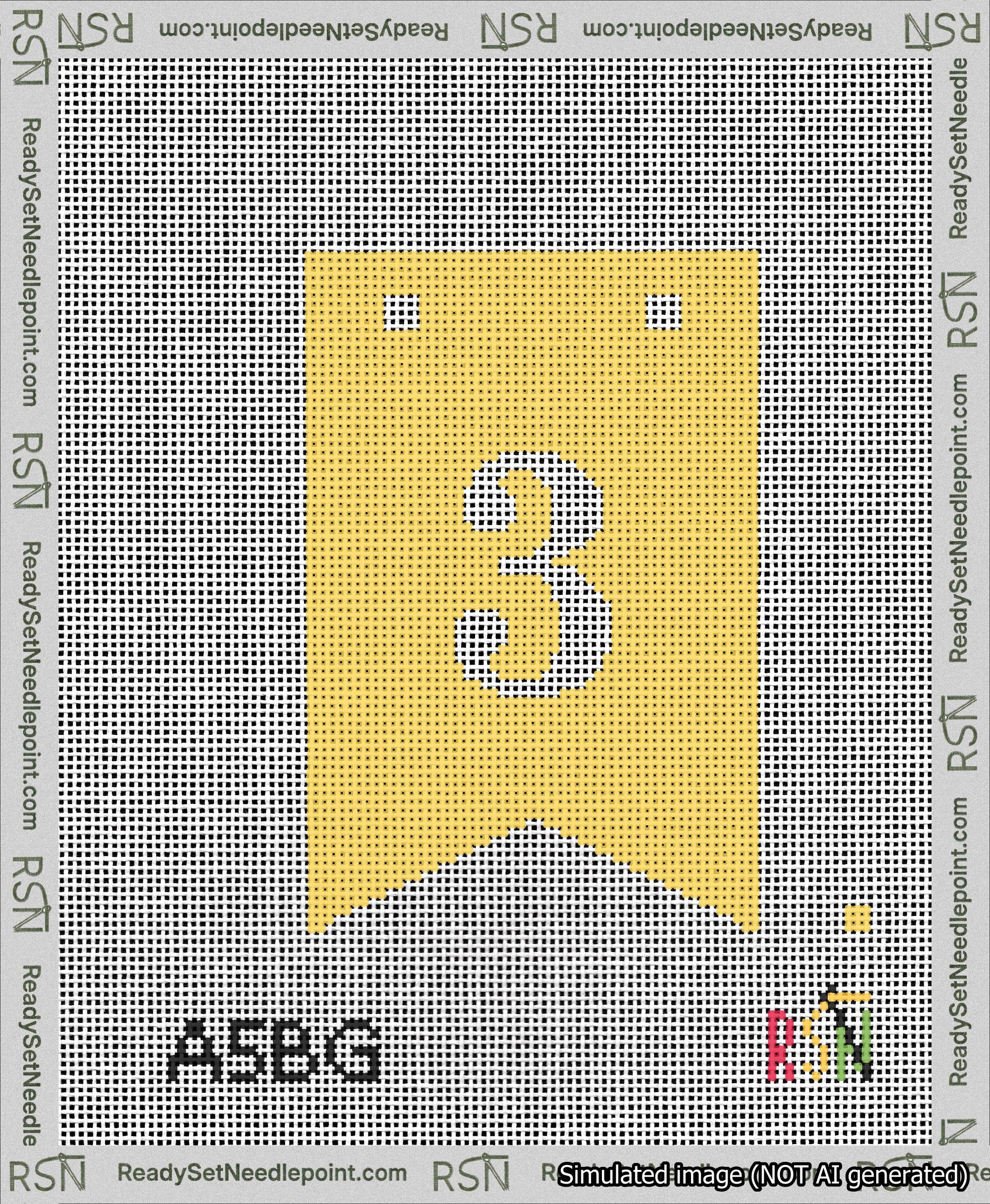 A taped needlepoint canvas with the design: Banner 13 mesh count Forked 3 White on Yellow.