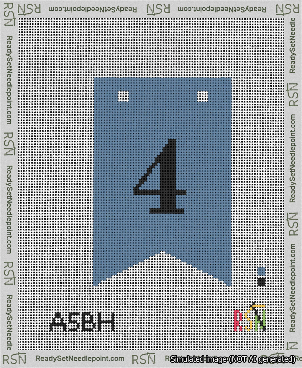 A taped needlepoint canvas with the design: Banner 13 mesh count Forked 4 Black on Blue.
