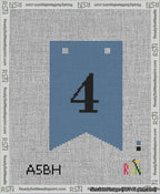 A taped needlepoint canvas with the design: Banner 13 mesh count Forked 4 Black on Blue.