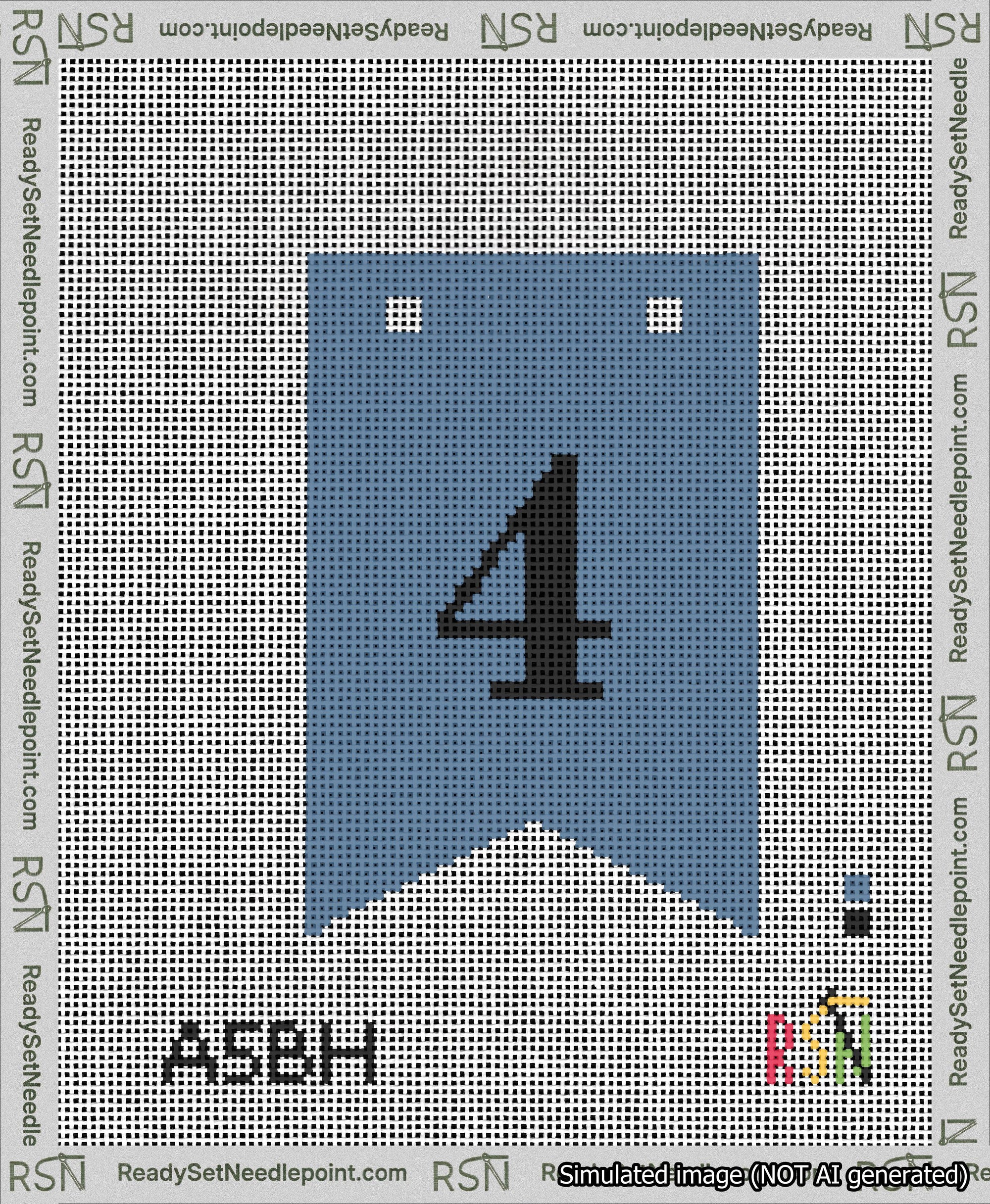 A taped needlepoint canvas with the design: Banner 13 mesh count Forked 4 Black on Blue.