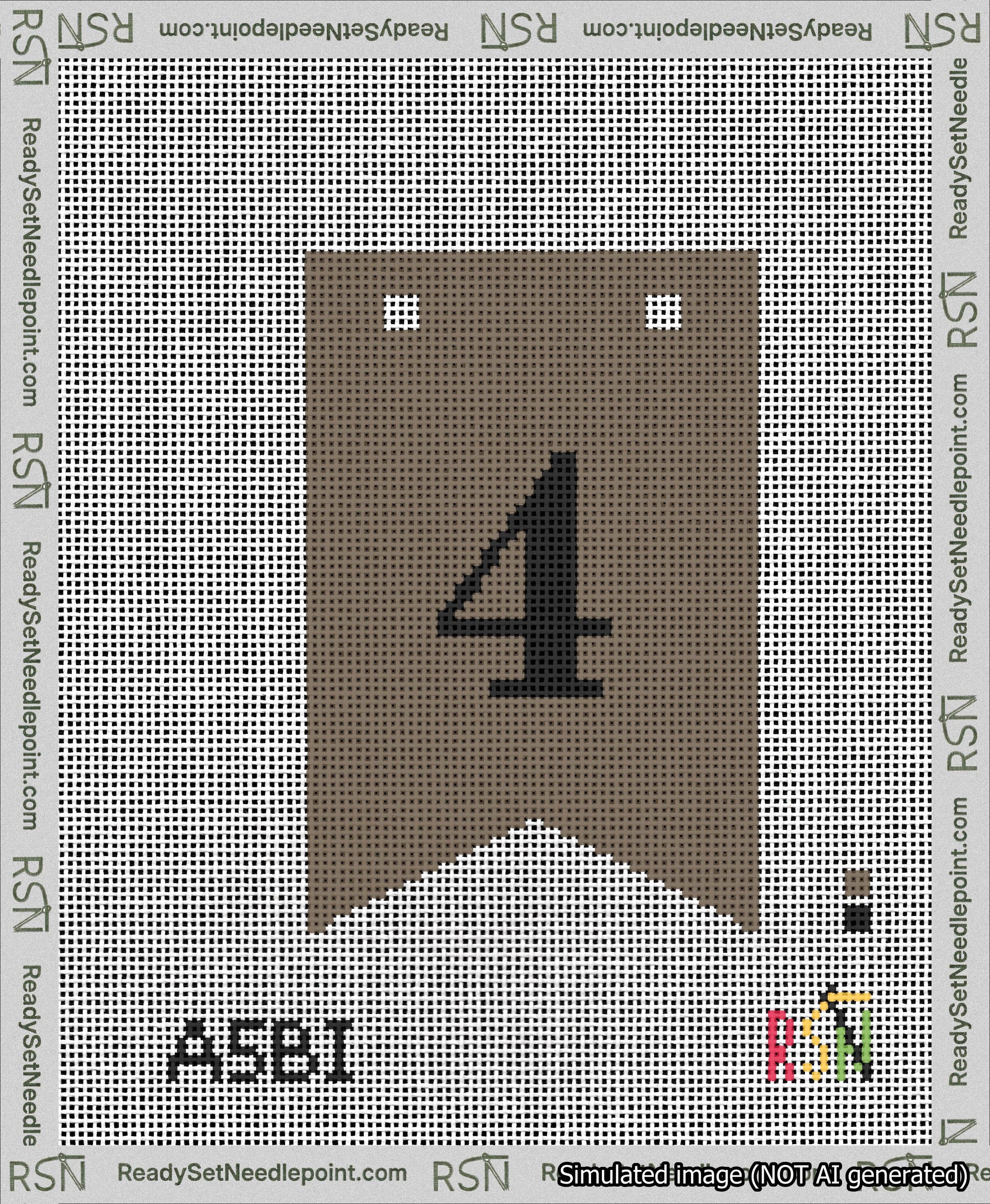 A taped needlepoint canvas with the design: Banner 13 mesh count Forked 4 Black on Brown.