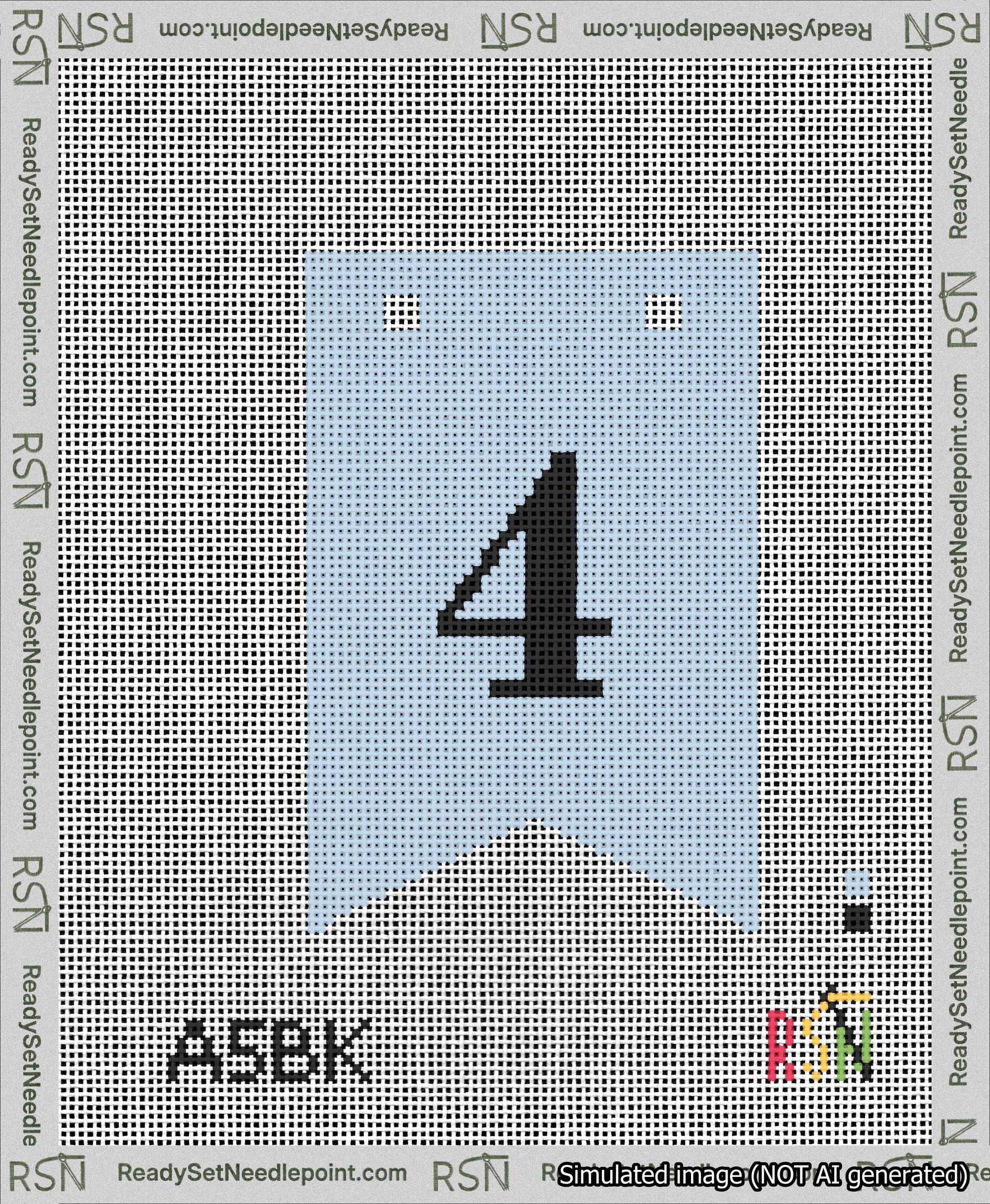 A taped needlepoint canvas with the design: Banner 13 mesh count Forked 4 Black on Light Blue.