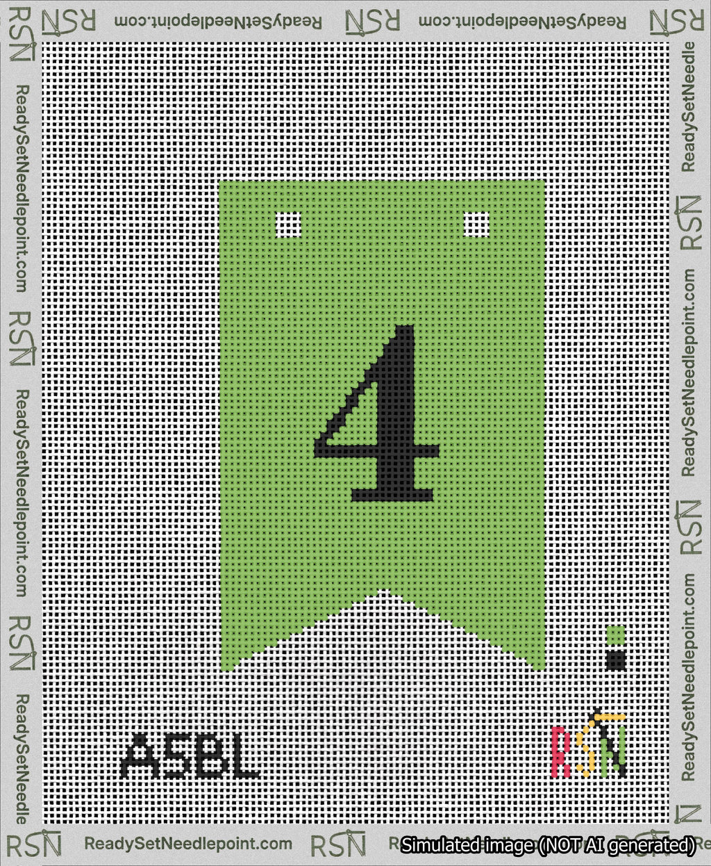 A taped needlepoint canvas with the design: Banner 13 mesh count Forked 4 Black on Light Green.