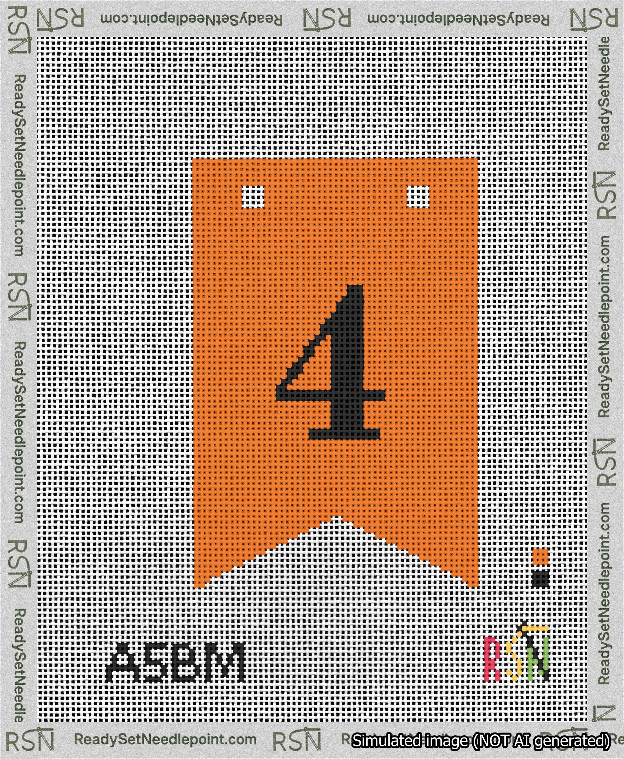 A taped needlepoint canvas with the design: Banner 13 mesh count Forked 4 Black on Orange.