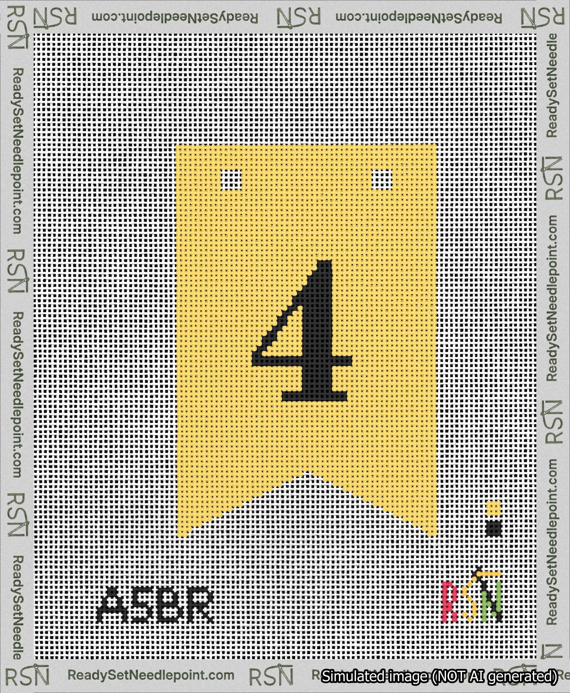 A taped needlepoint canvas with the design: Banner 13 mesh count Forked 4 Black on Yellow.